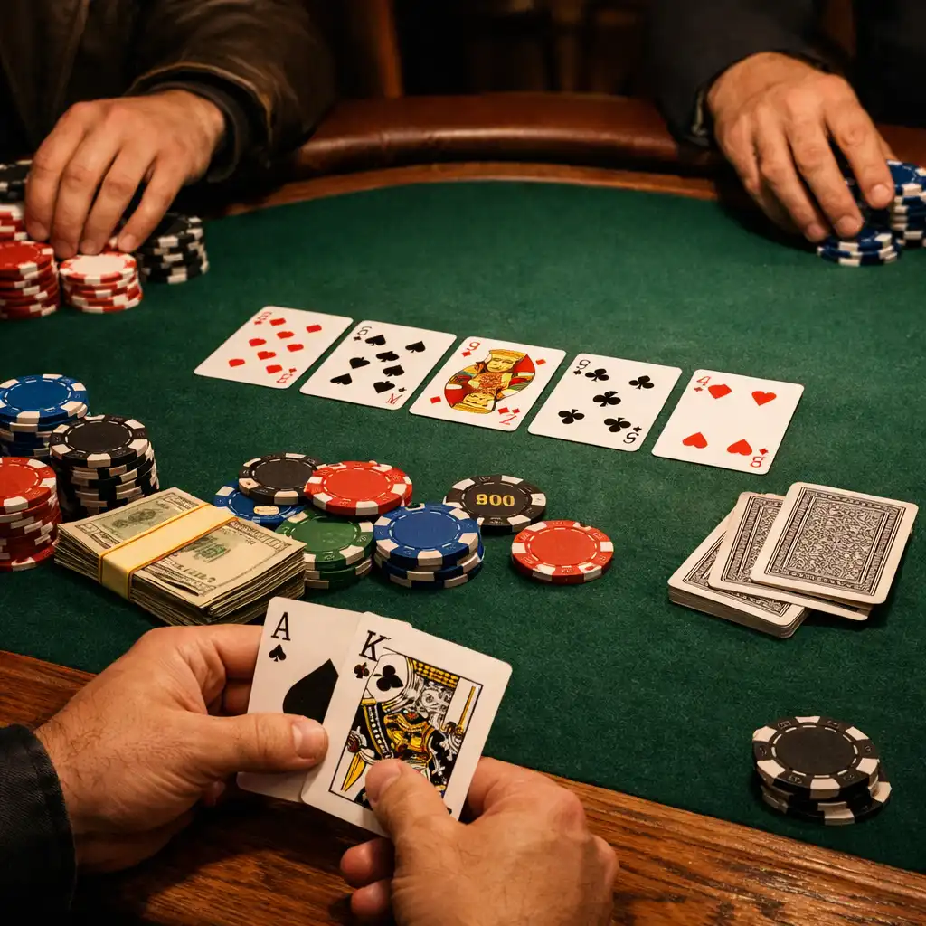 Detail pokerového stolu v card lounge s kartami a žetony, ruce hráčů bez tváří