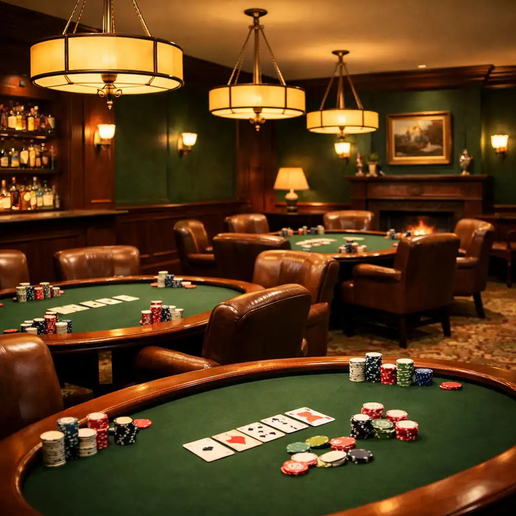 Interiér card lounge s pokerovými stoly a koženými křesly