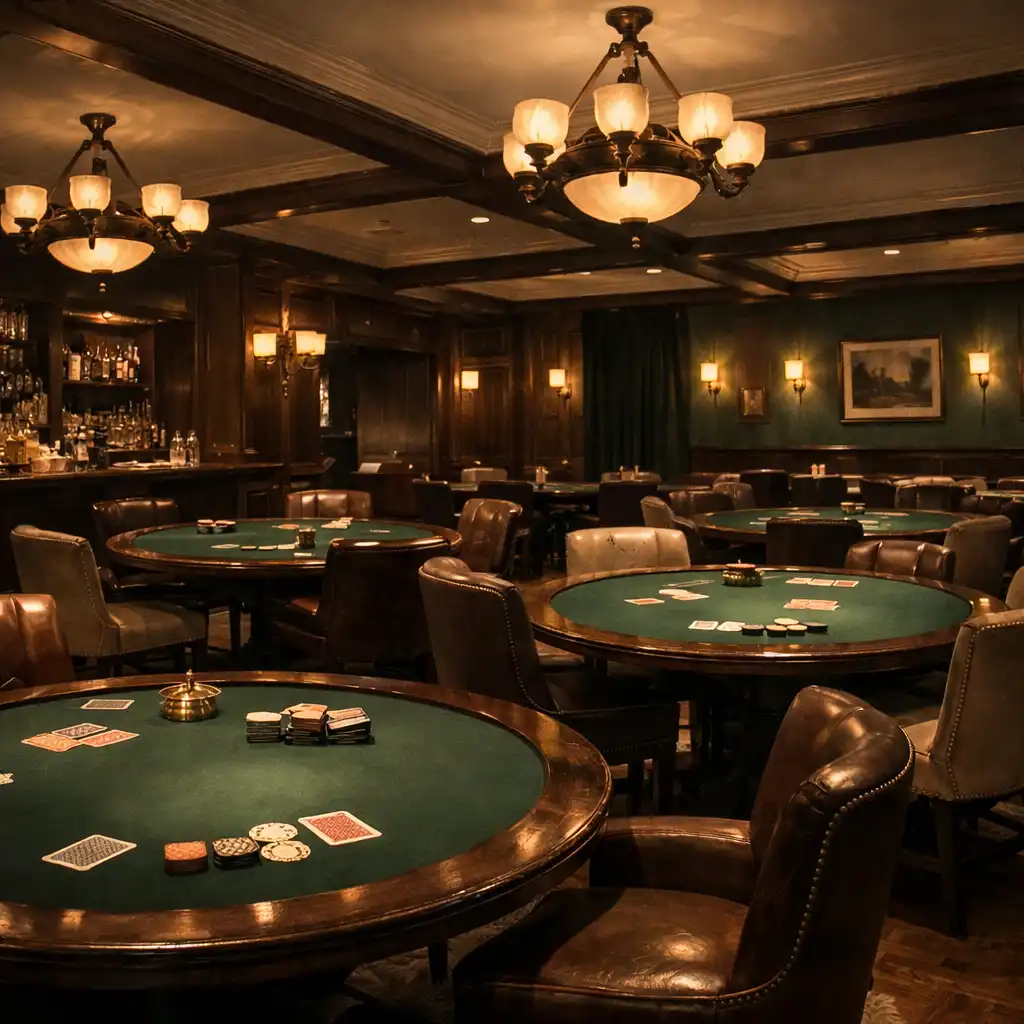 Interiér card lounge s pokerovými stoly a teplým osvětlením