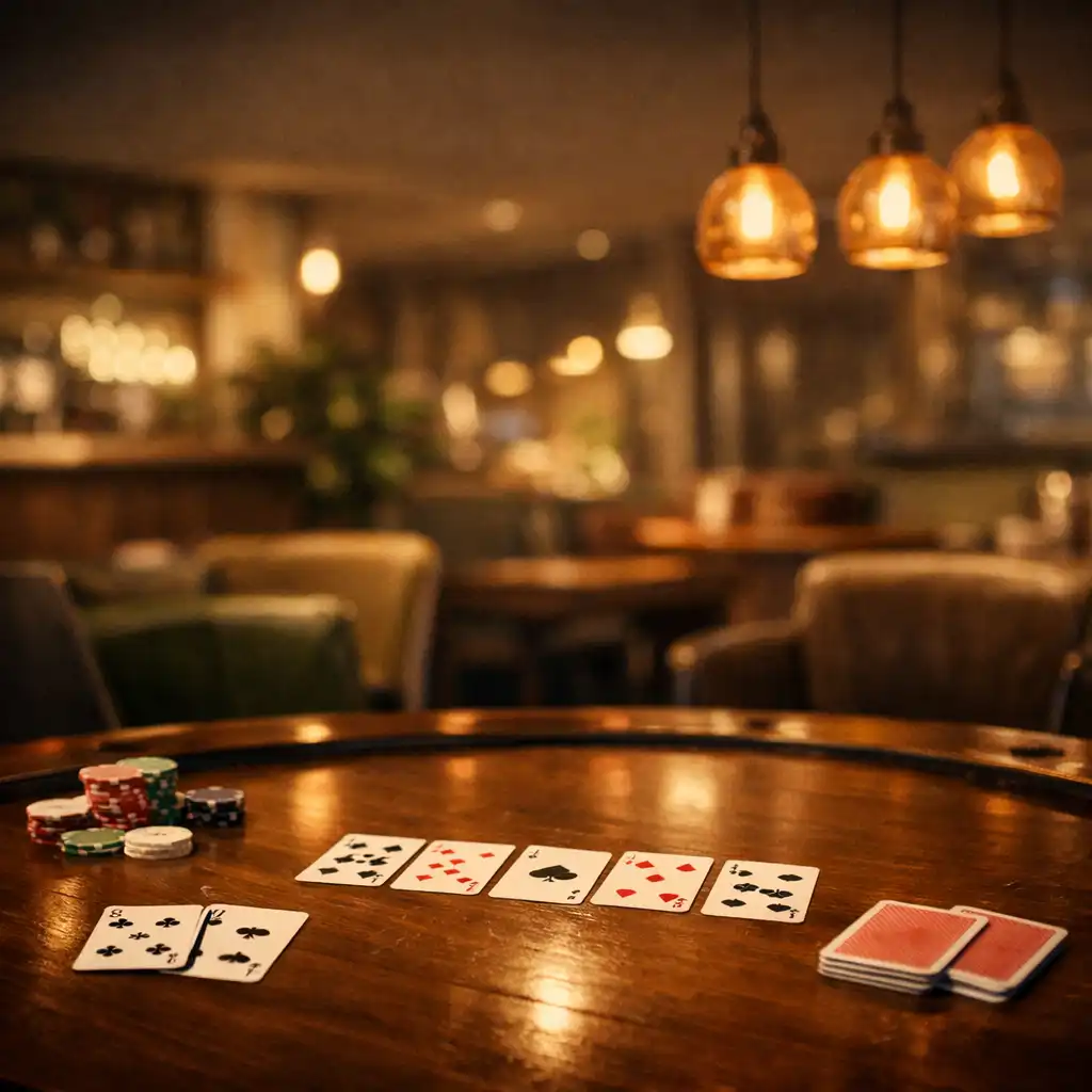 Teplá večerní atmosféra card lounge s pokerovým stolem
