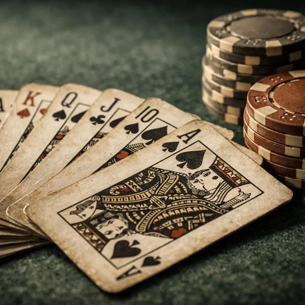 Detailní pohled na hrací karty a pokerové žetony na stole