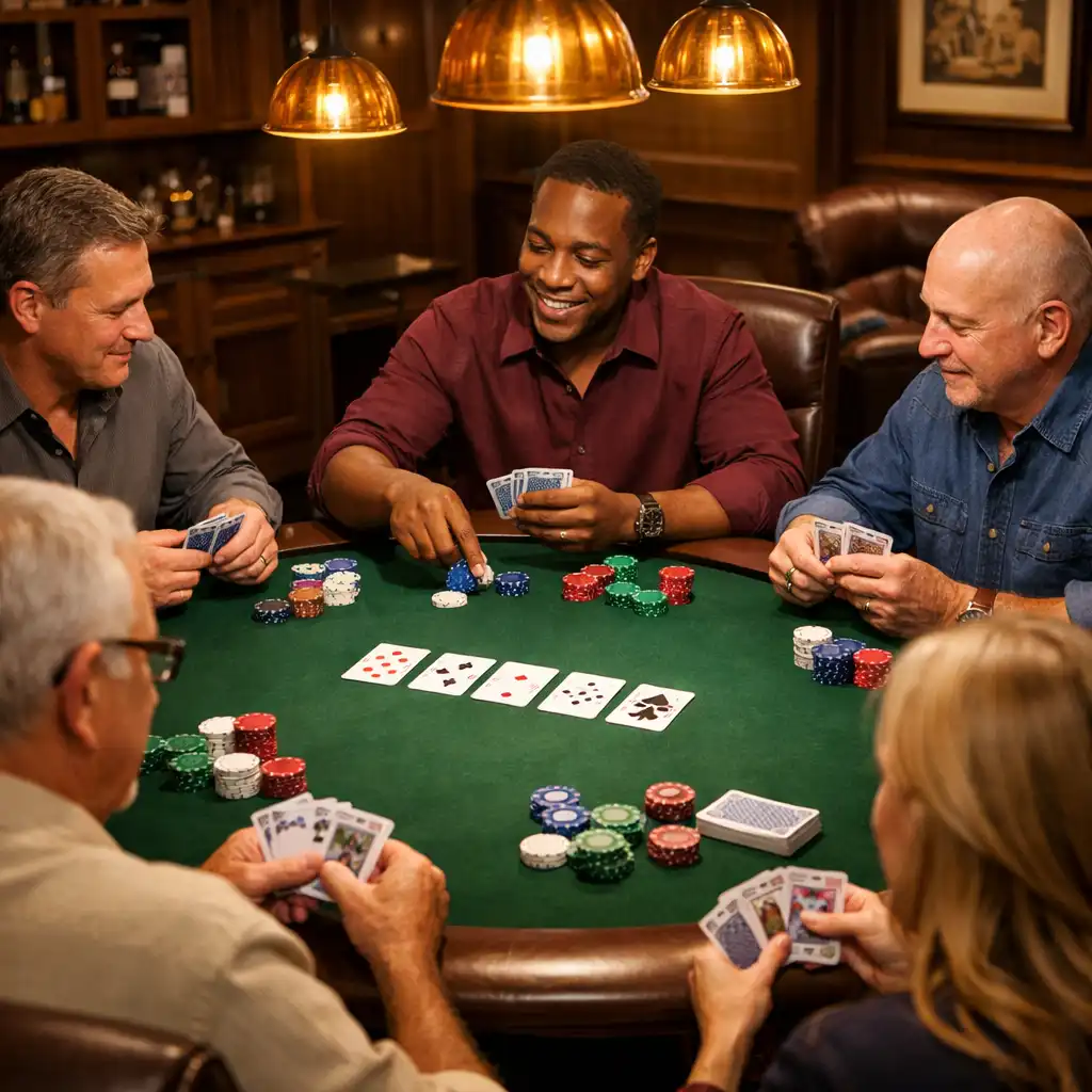 Card lounge s pokerovým stolem, koženými židlemi a teplým osvětlením, hosté hrají karty