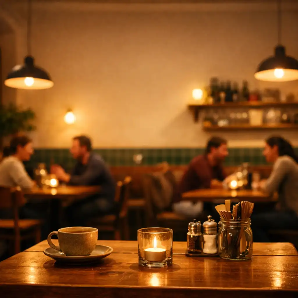 Teplý interiér restaurace Pokrmyz Regionu ve večerním osvětlení s hosty u stolů