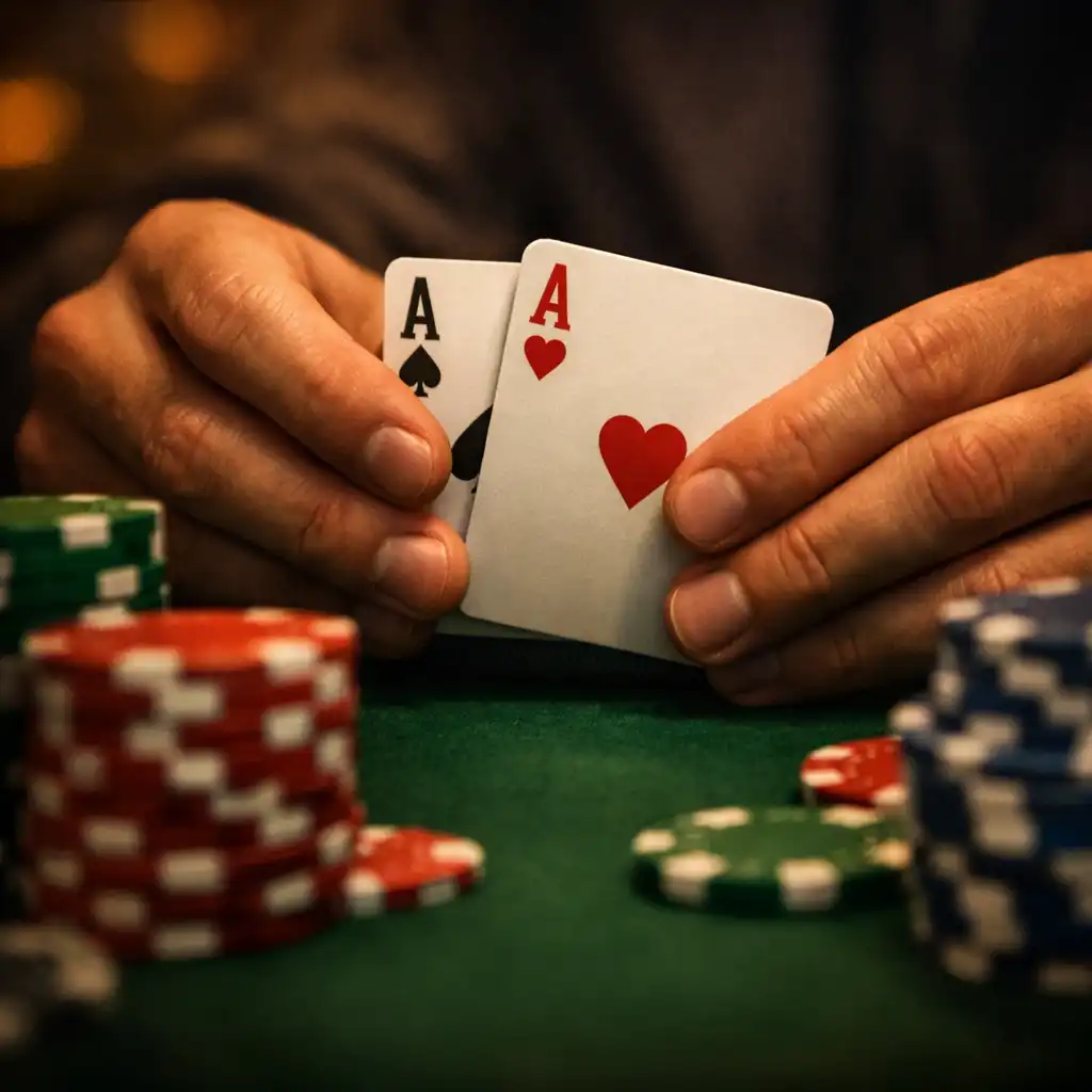 Detail rukou držících karty u pokerového stolu s žetony v popředí