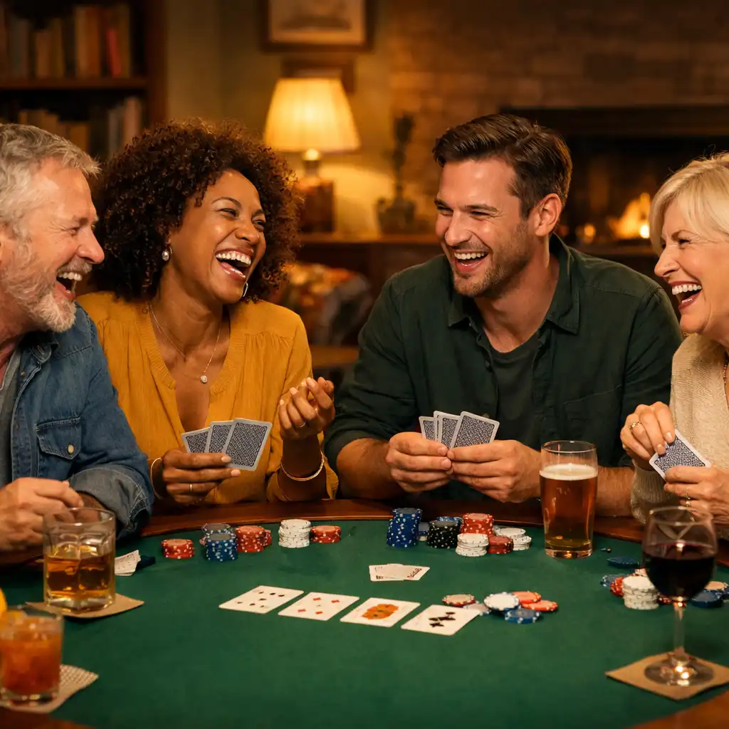Skupina čtyř lidí se směje a hraje poker u stolu v útulném lounge