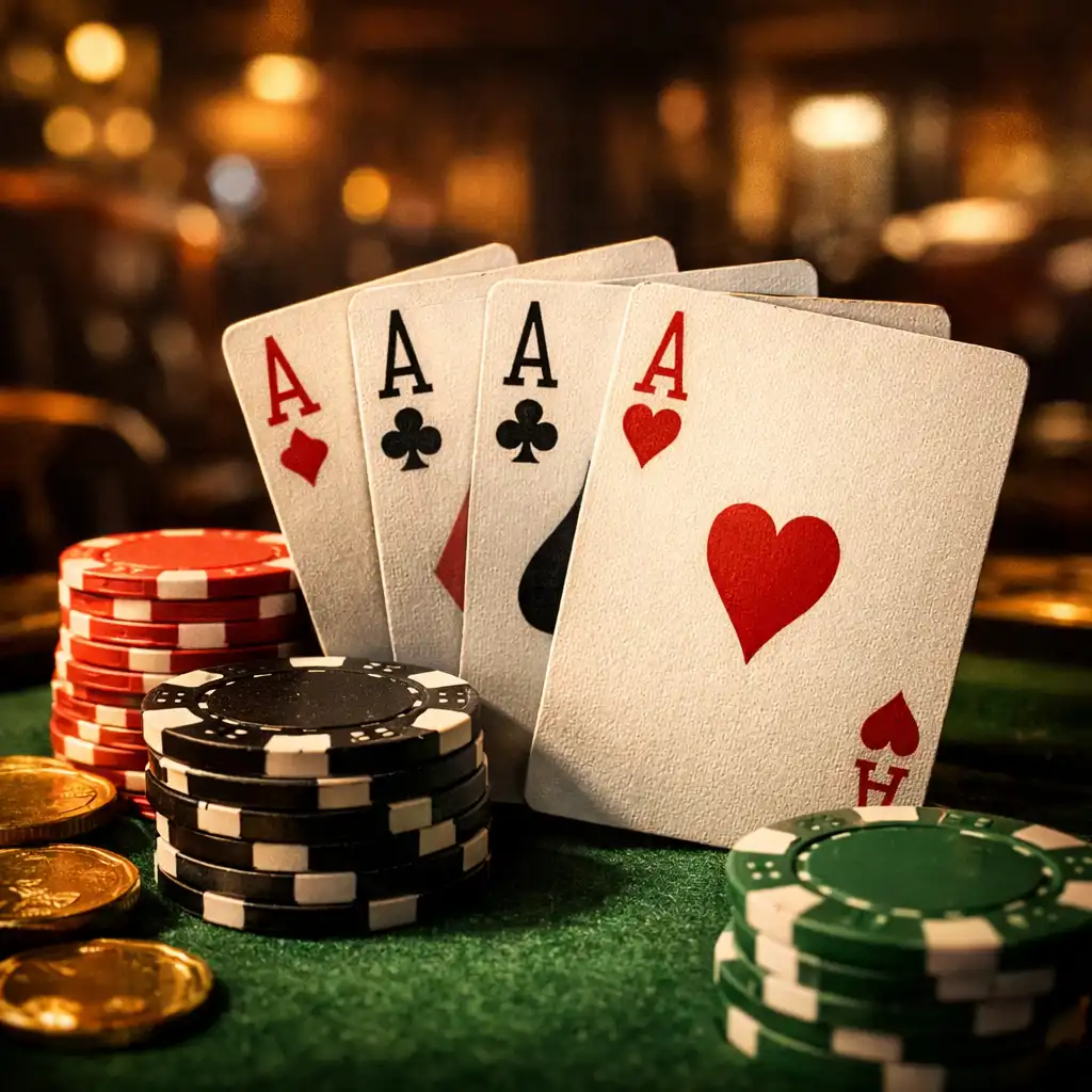 Detail pokerových karet a žetonů na stole, rozmazané pozadí card lounge