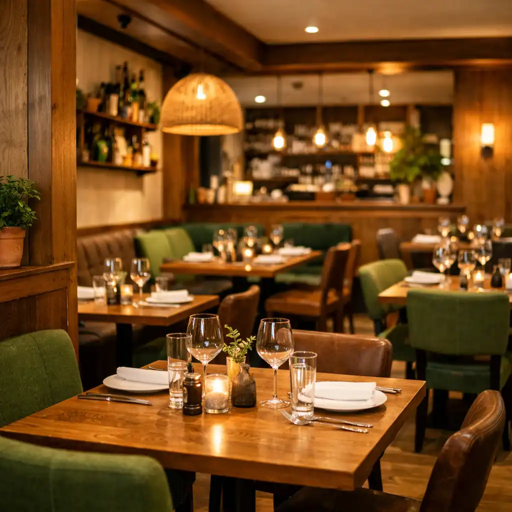 Interiér restaurace s prázdnými stoly připravenými na hosty, teplé osvětlení a dřevěné prvky