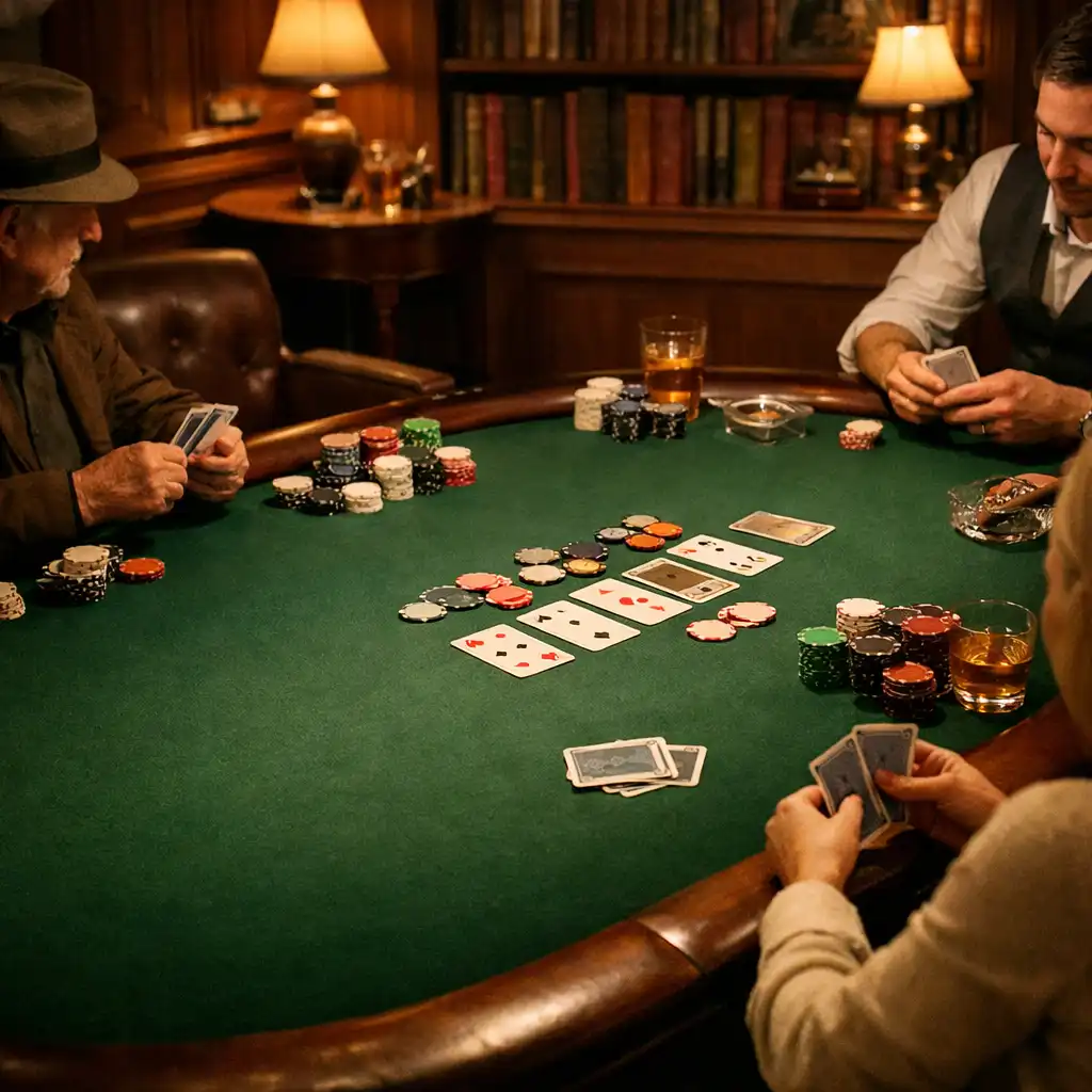 Atmosférický pohled na pokerový stůl s hráči v card lounge