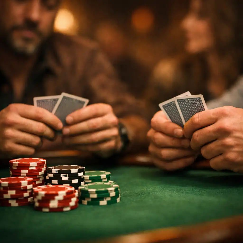 Hráči držící karty u pokerového stolu