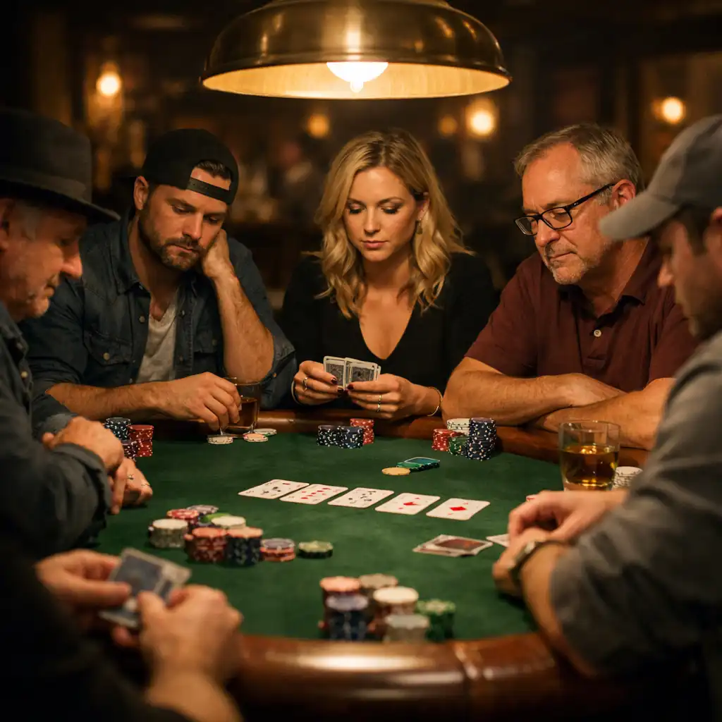 Pokerový stůl během večera s hráči soustředěnými na hru, tlumené osvětlení lampou