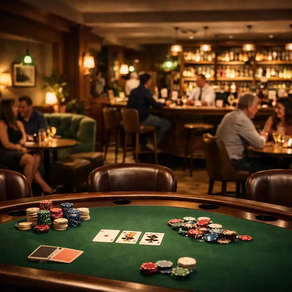 Interiér restaurace Pokrmyz Regionu s card lounge, elegantním pokerovým stolem a teplým večerním osvětlením