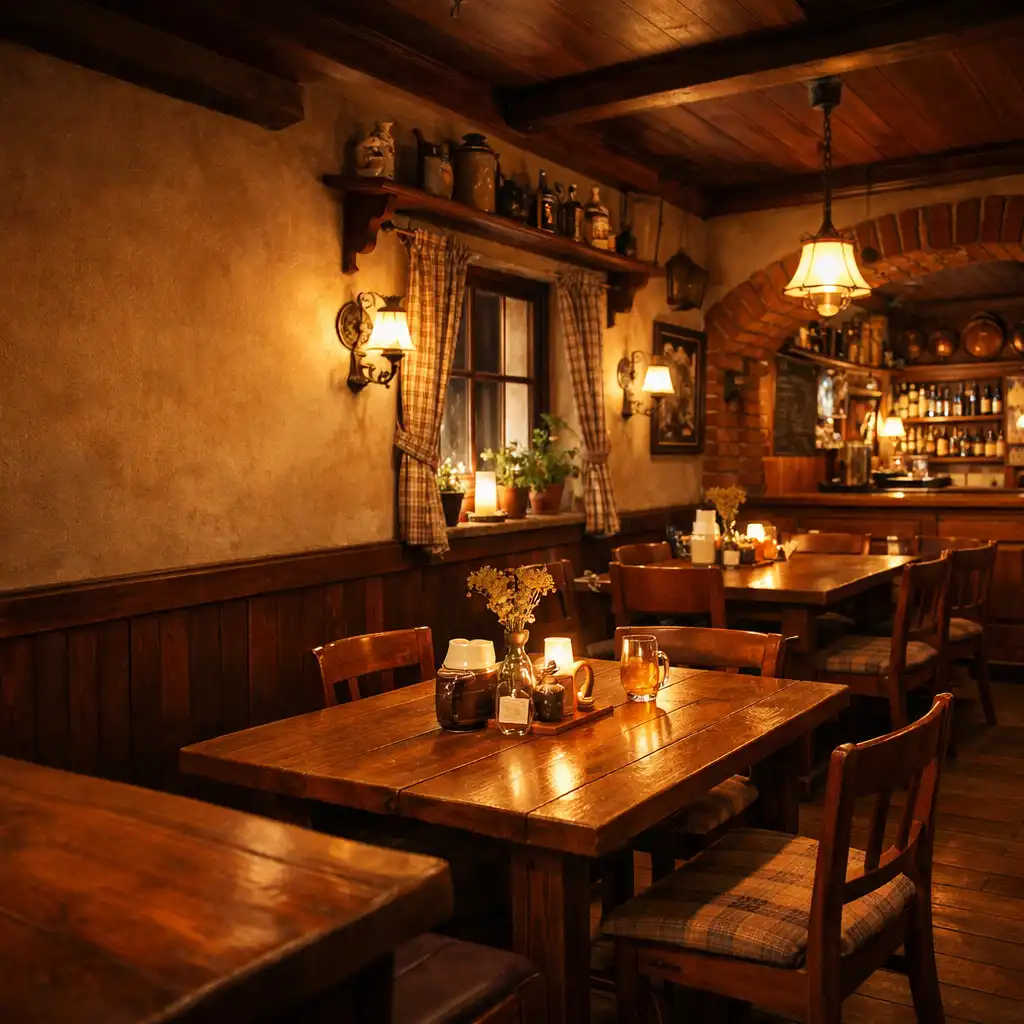 Teplý interiér restaurace Pokrmyz Regionu s dřevěnými stoly a měkkým osvětlením