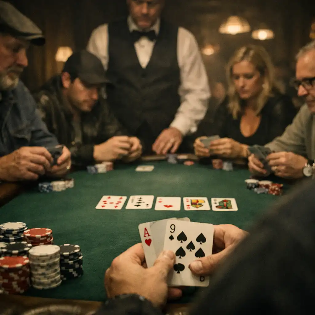 Pokerový večer v Card Lounge, hráči sedí kolem stolu a dealer rozdává karty