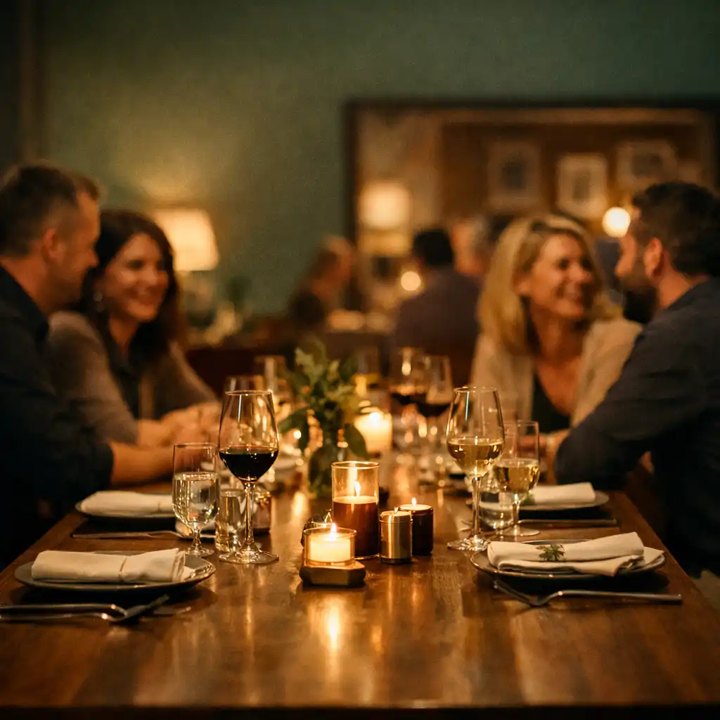 Atmosférický snímek soukromé jídelny v restauraci Pokrmyz Regionu s dlouhým stolem, svíčkami a hosty