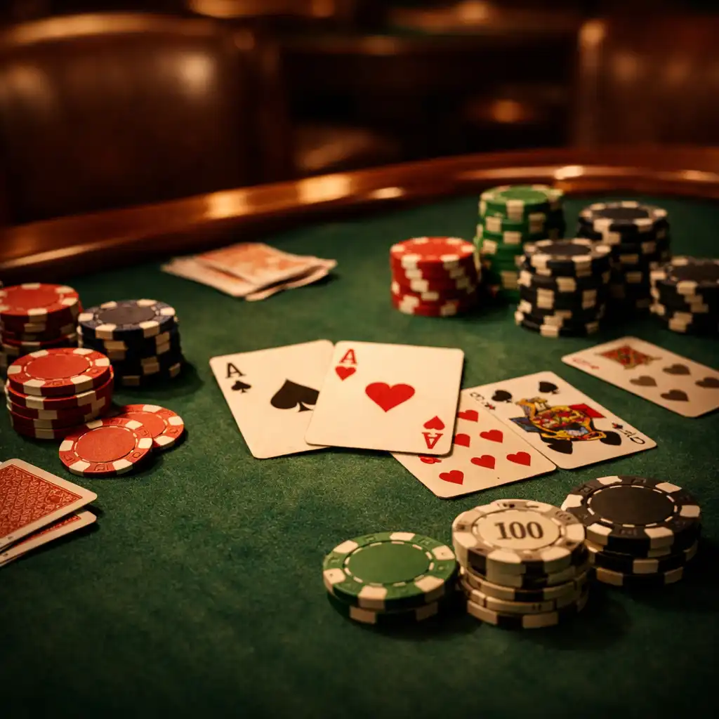 Detail pokerového stolu v Card Lounge s kartami a žetony, teplé osvětlení